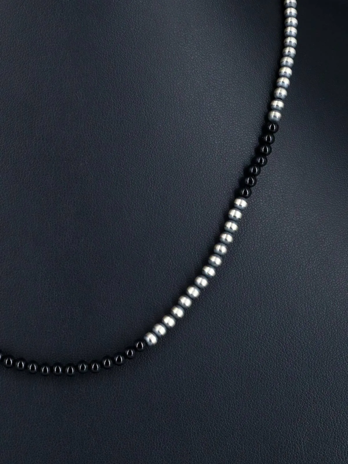 20" Native American Onyx and Sterling Silver Beaded Necklace