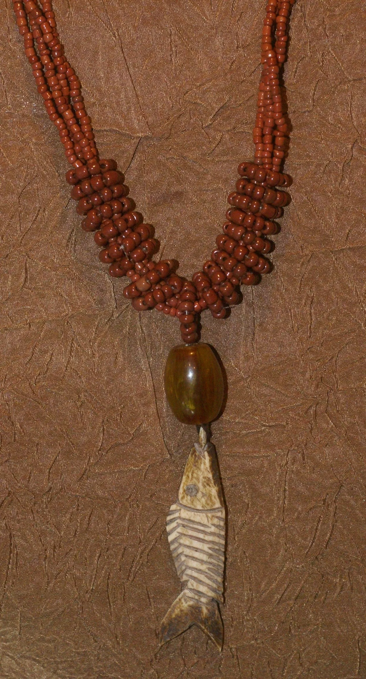 4 Strands Unique Earthtones Hand crafted Ethnic Glass Trade Beads & Amber Bead Necklace with Buffalo Bone Hand Carved Pendant of Fish, Zodiac Pisces, Borneo Kalimantan, Indonesia NECK39