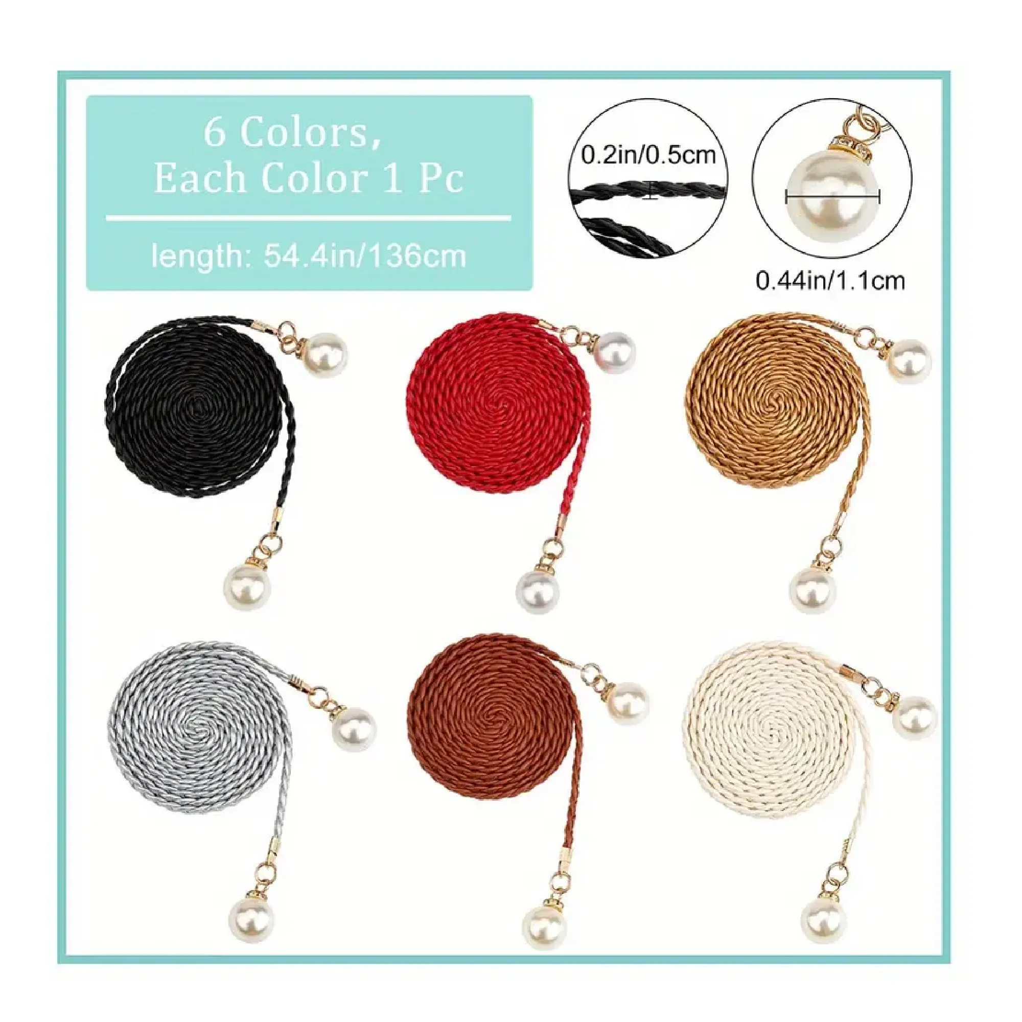 6pcs 6Colors Women's Waist Belt, Braided Woven Tassels Chain Belt, PU Leather Rope Belt With Imitation Pearl, Skinny Tie Belt, Boho Fringe Belt For Skirt Dress-53 Inch Long, Gift For Women
