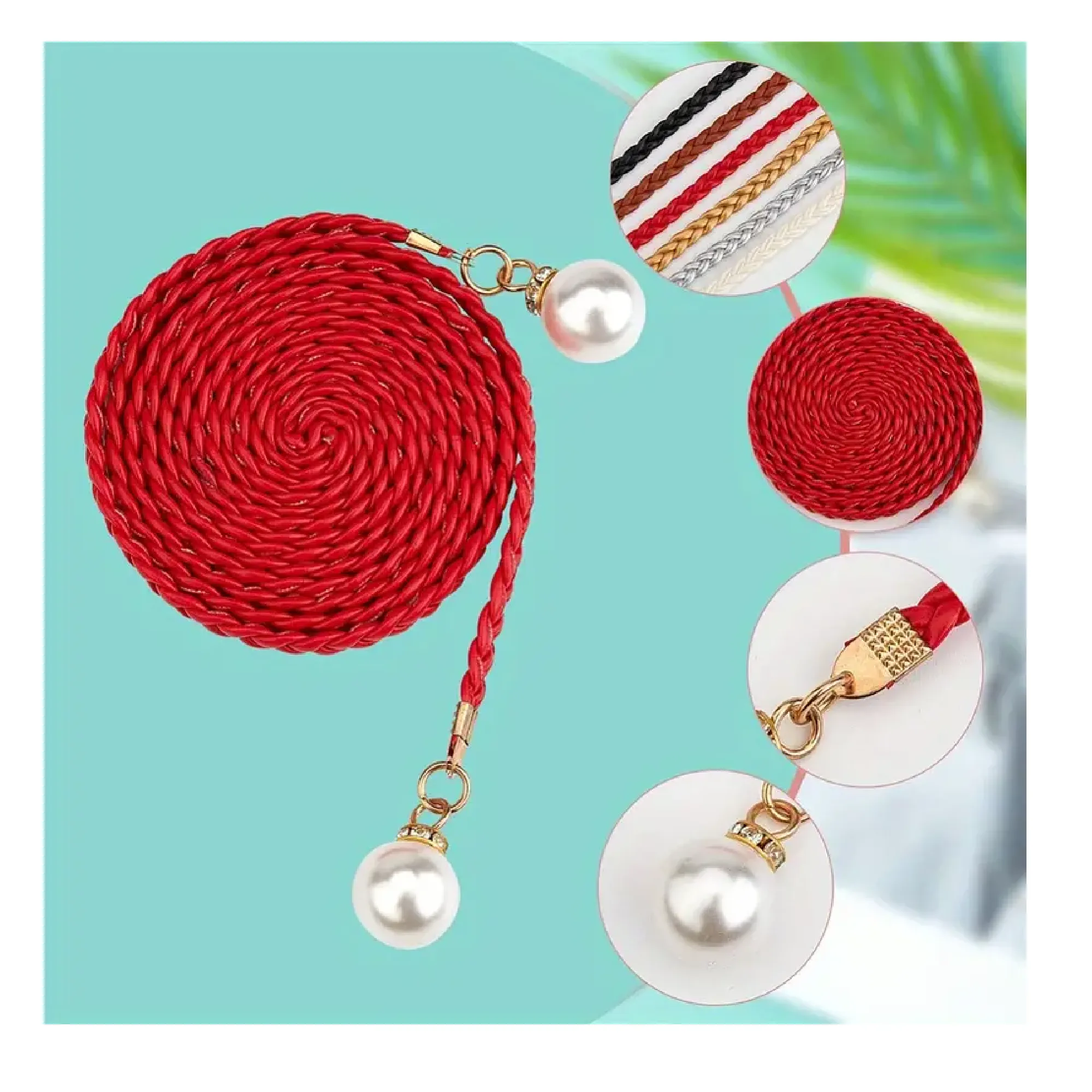 6pcs 6Colors Women's Waist Belt, Braided Woven Tassels Chain Belt, PU Leather Rope Belt With Imitation Pearl, Skinny Tie Belt, Boho Fringe Belt For Skirt Dress-53 Inch Long, Gift For Women