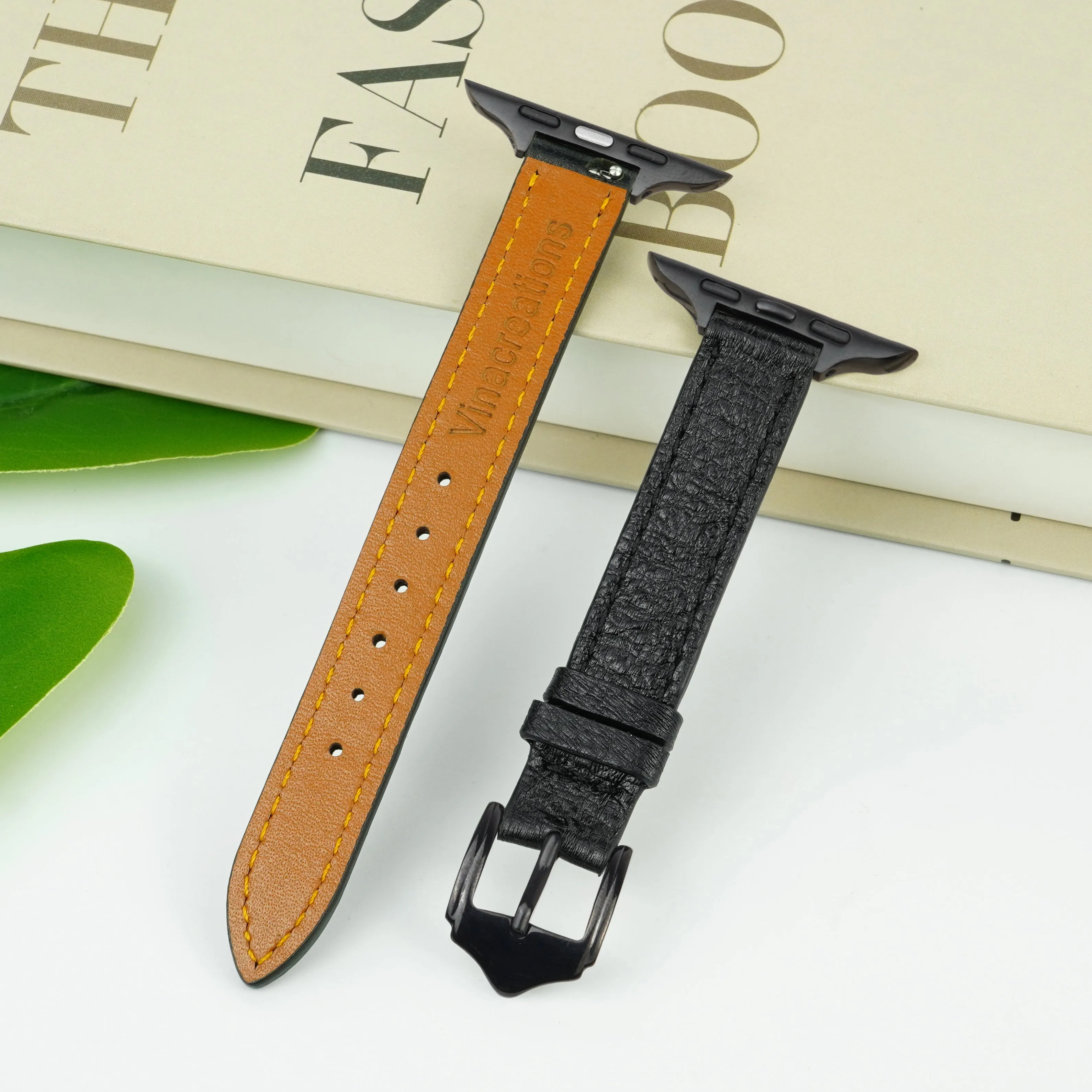 Black Flat Ostrich Leather Band Compatible Apple Watch Iwatch 42mm Screen Protector Case Elegant Vintage Replacement Strap For Smartwatch Series 1 2 3 Leather Handmade AW-181B-W-42MM…