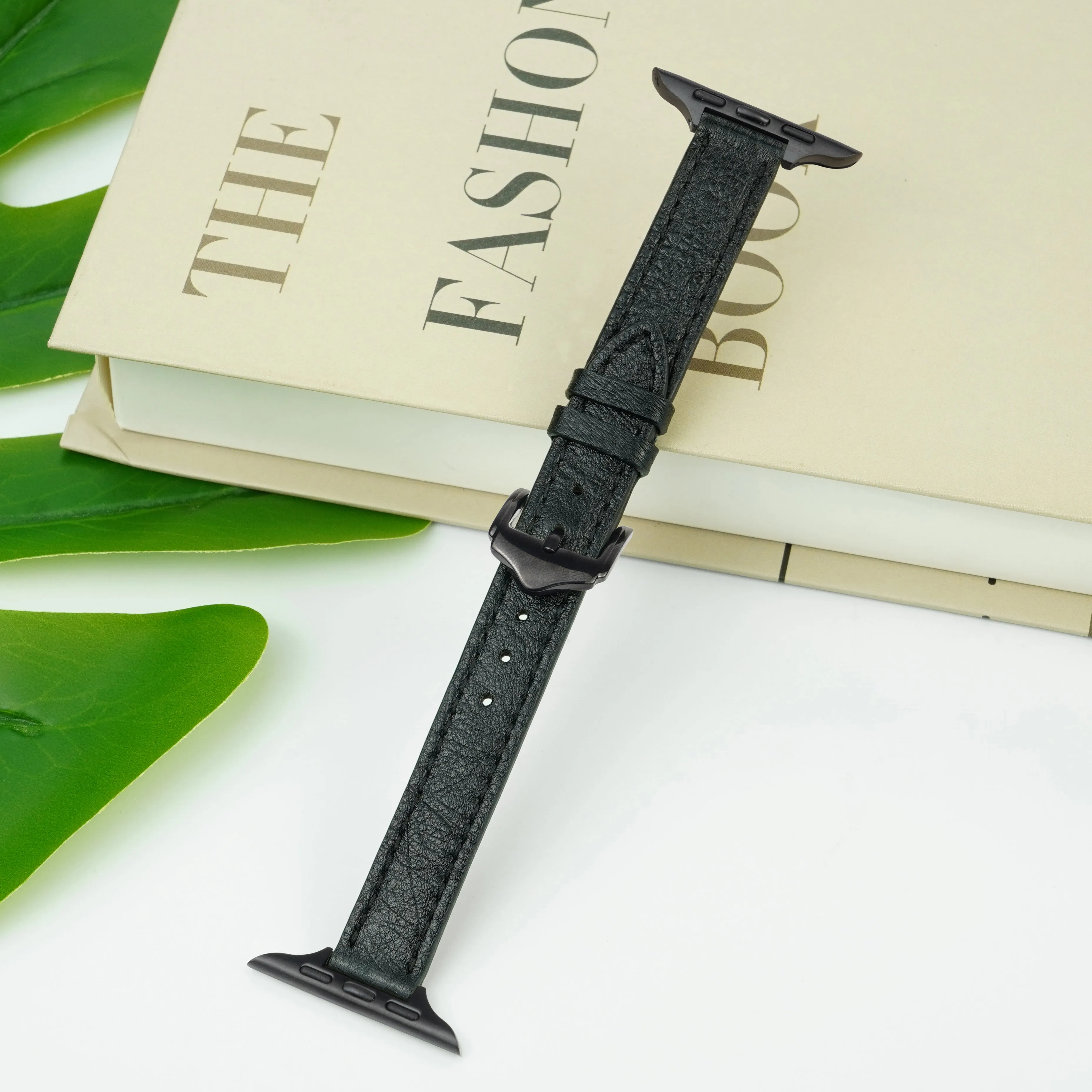 Black Flat Ostrich Leather Band Compatible Apple Watch Iwatch 42mm Screen Protector Case Elegant Vintage Replacement Strap For Smartwatch Series 1 2 3 Leather Handmade AW-181B-W-42MM…