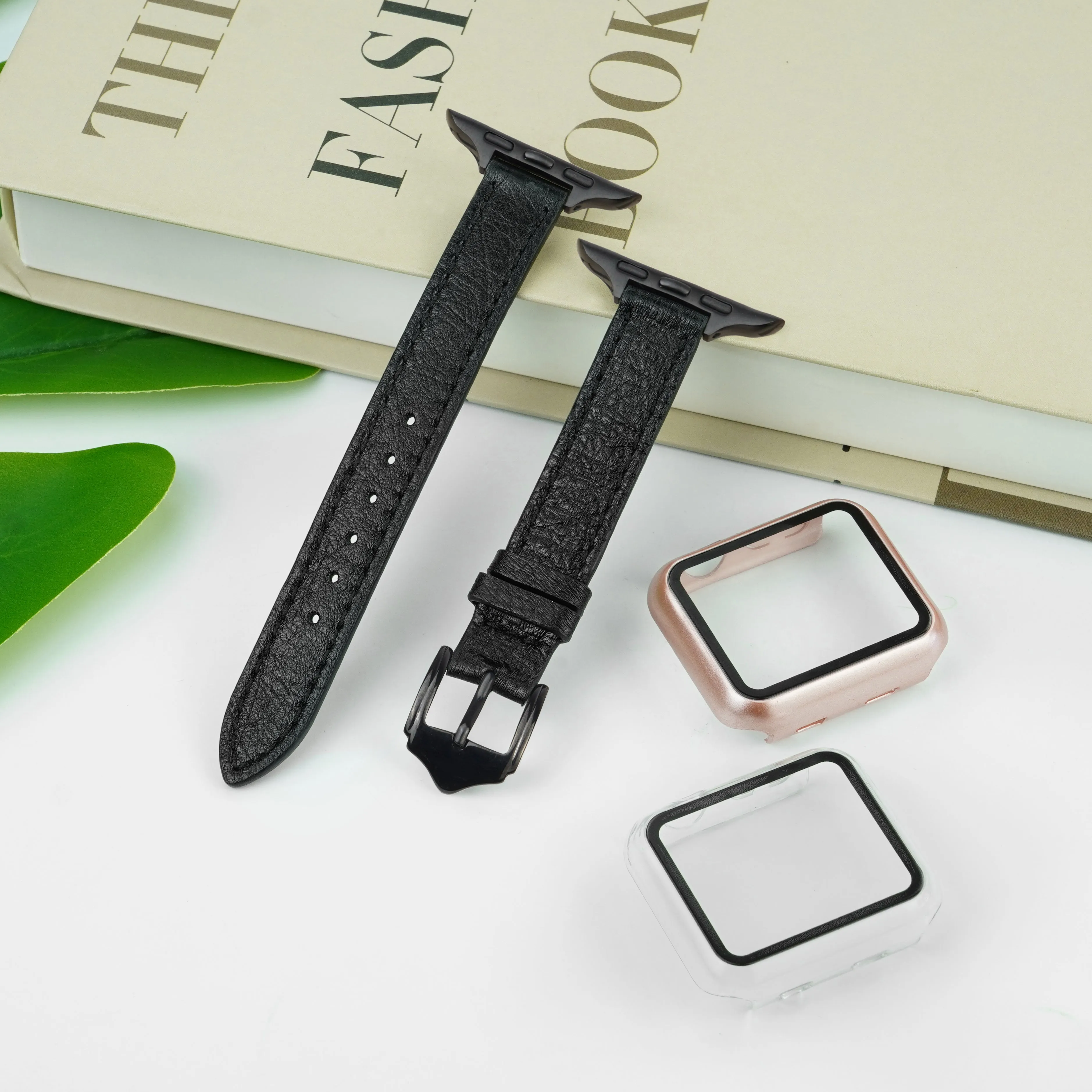 Black Flat Ostrich Leather Band Compatible Apple Watch Iwatch 42mm Screen Protector Case Elegant Vintage Replacement Strap For Smartwatch Series 1 2 3 Leather Handmade AW-181B-W-42MM…