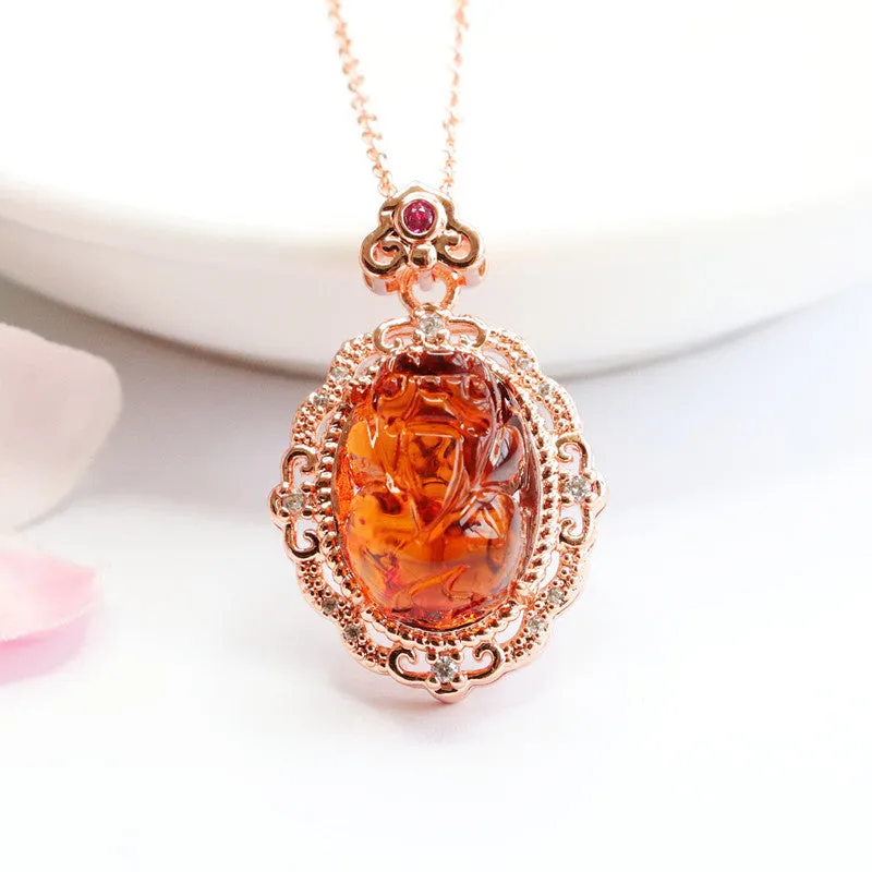 Blood Amber Pixiu Pendant Necklace Jewelry in Rose Gold