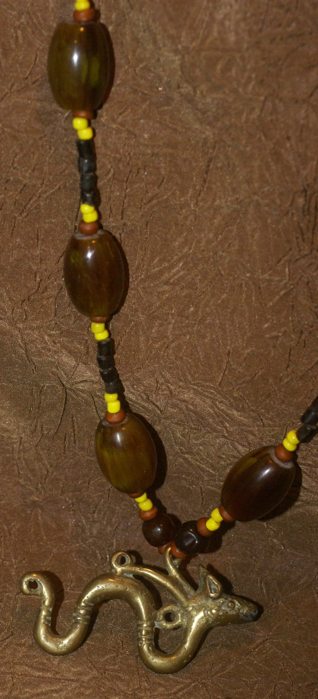 Borneo Tribal Oran Ulu, Dayak, Iban Tribe Heavy Brass Bronze Aso Dog Dragon Earring Talisman, Ear Weight Used as a Pendant for Necklace with Large Amber Beads & Old Glass Trade Beads NB21