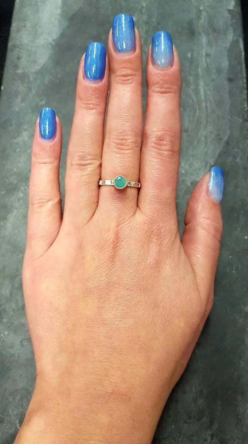 Dainty Emerald Gold Ring - Stackable Gold Band - Hammered Bezel Ring