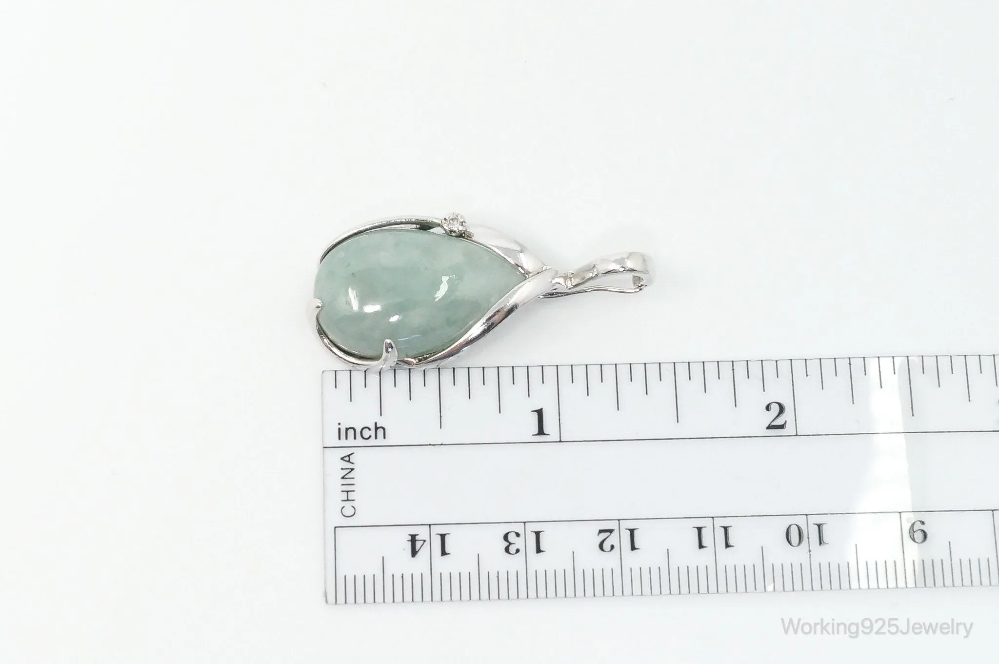 Designer EA Large Green Jade Diamond Sterling Silver Pendant