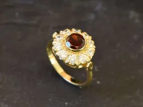 Gold Garnet Ring - Garnet Flower Ring - Red Vintage Ring