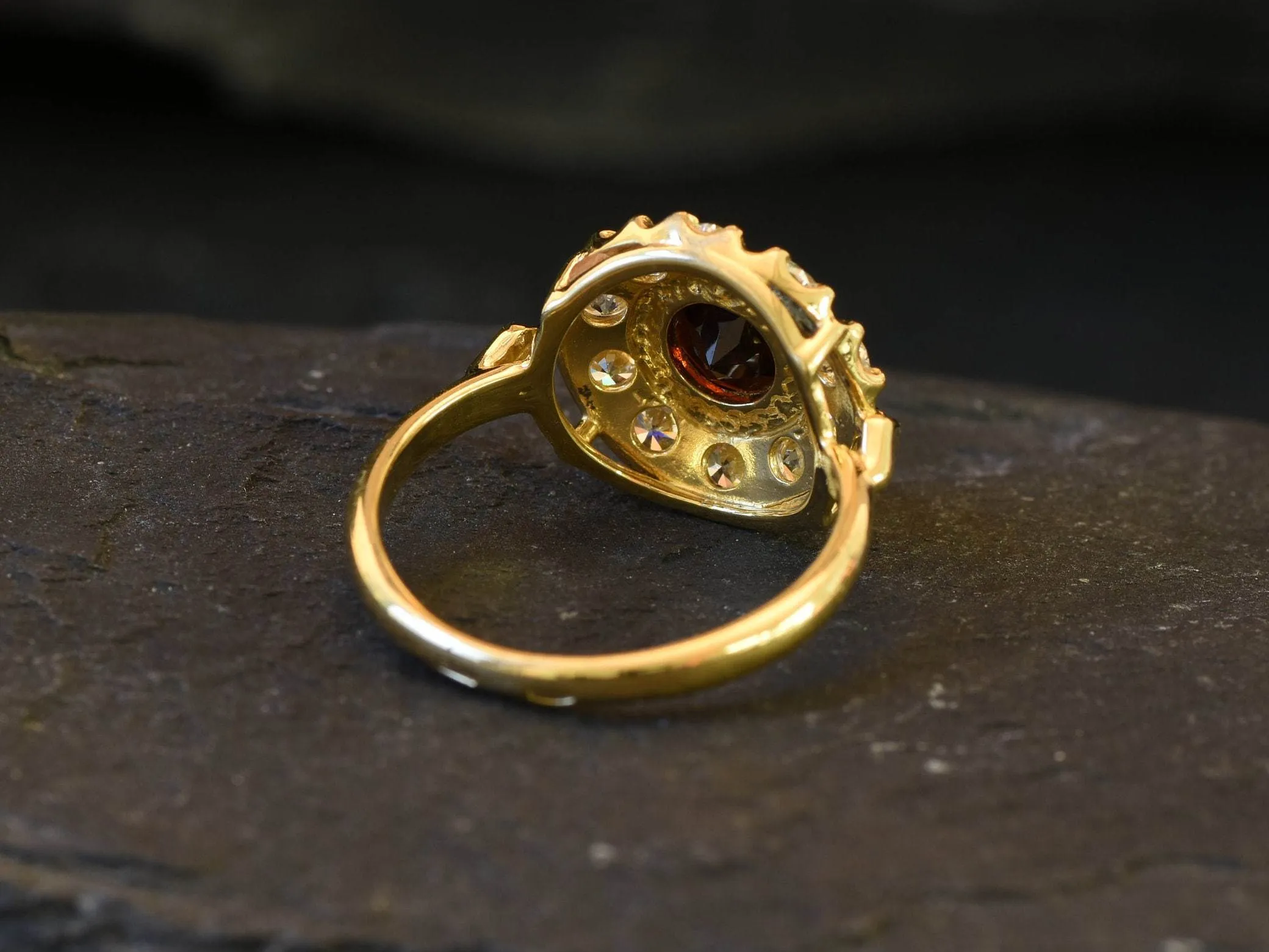 Gold Garnet Ring - Garnet Flower Ring - Red Vintage Ring