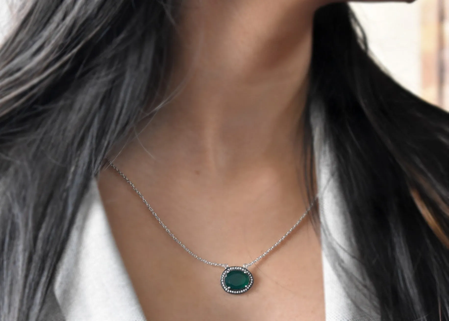 Green Onyx oval shaped Cubic Zirconia Neckwear