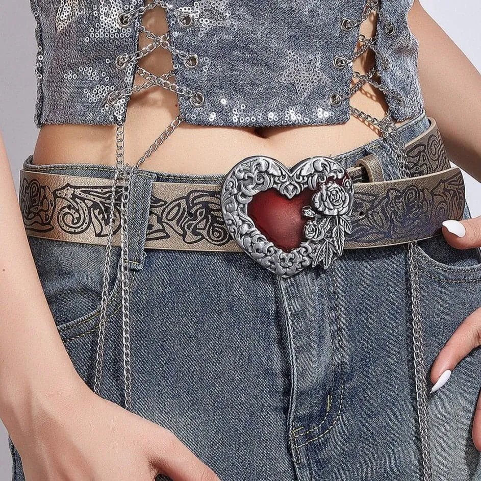 Heart print PU leather adjustable belt