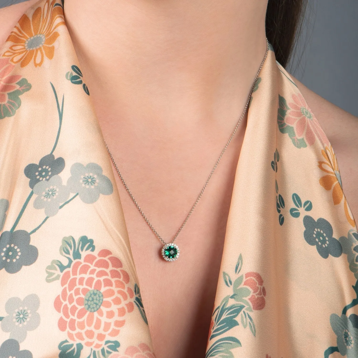 Jewelili Sterling Silver with Round Emerald and Created White Sapphire Halo Pendant Necklace