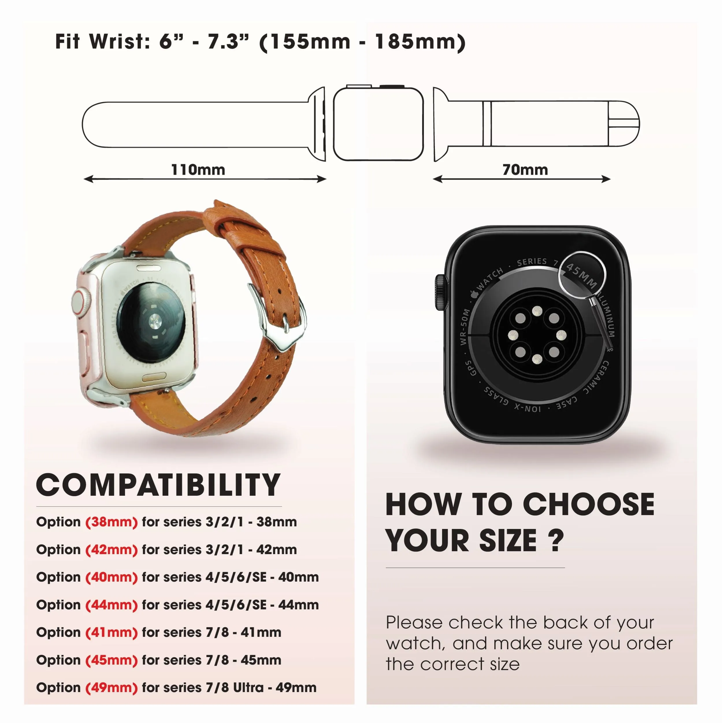 Light Brown Flat Ostrich Leather Band Compatible Apple Watch Iwatch 44mm Screen Protector Case Black Adapter Replacement Strap For Smartwatch Series 4 5 6 SE Leather Handmade AW-186B-W-44MM