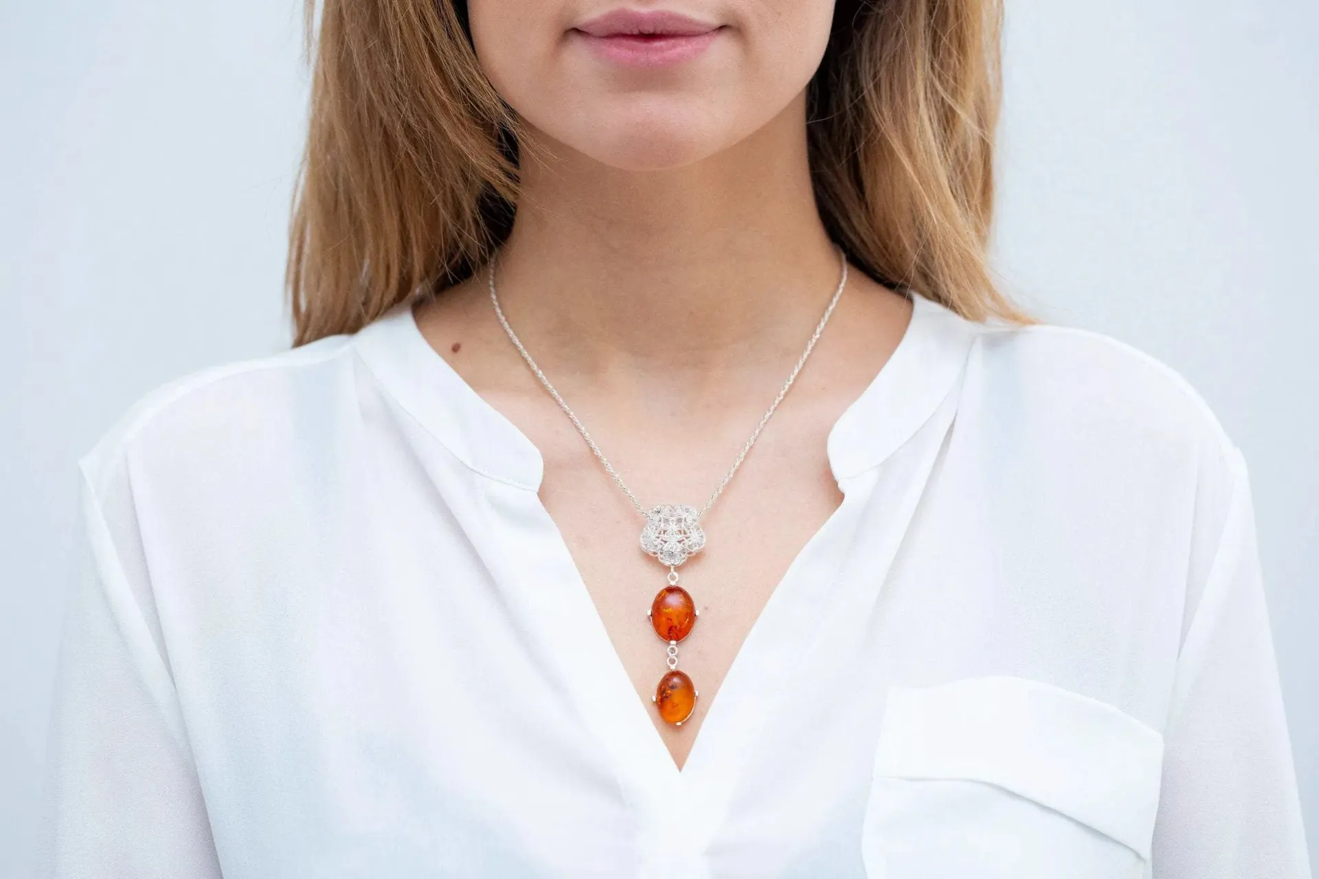 Long Amber Drop Y Necklace - Elegant Baltic Amber Pendant