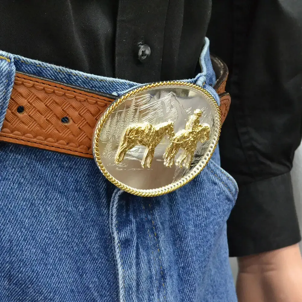 Montana Silversmith Etched Mountains Western Belt Buckle with Pack Horse and Rider