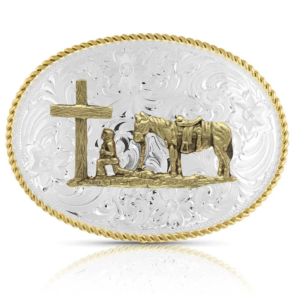 Montana Silversmith Small Two-Tone Engraved Buckle with Christian Cowboy