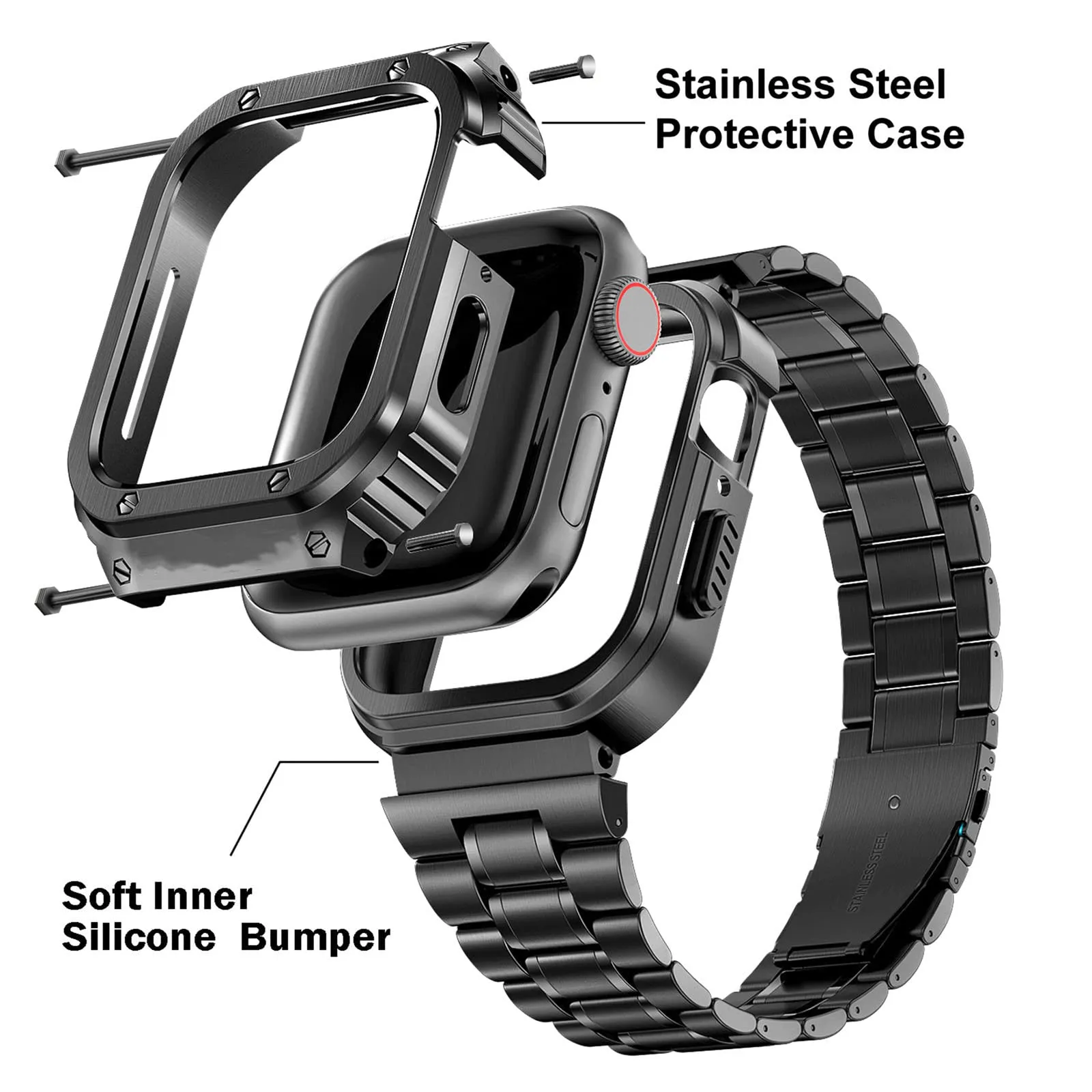 O Ozone - Stainless Steel Watch Band with Case Compatible with Apple Watch Series 9/8/7 (45mm) , Space Grey