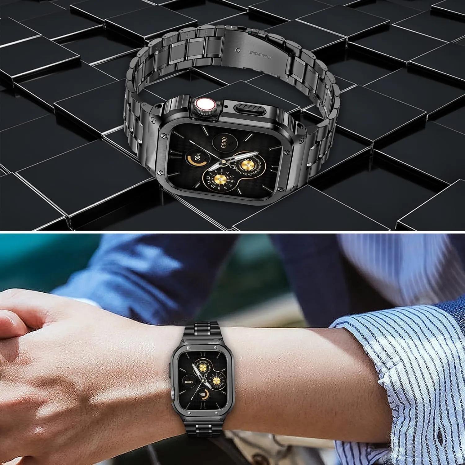 O Ozone - Stainless Steel Watch Band with Case Compatible with Apple Watch Series 9/8/7 (45mm) , Space Grey