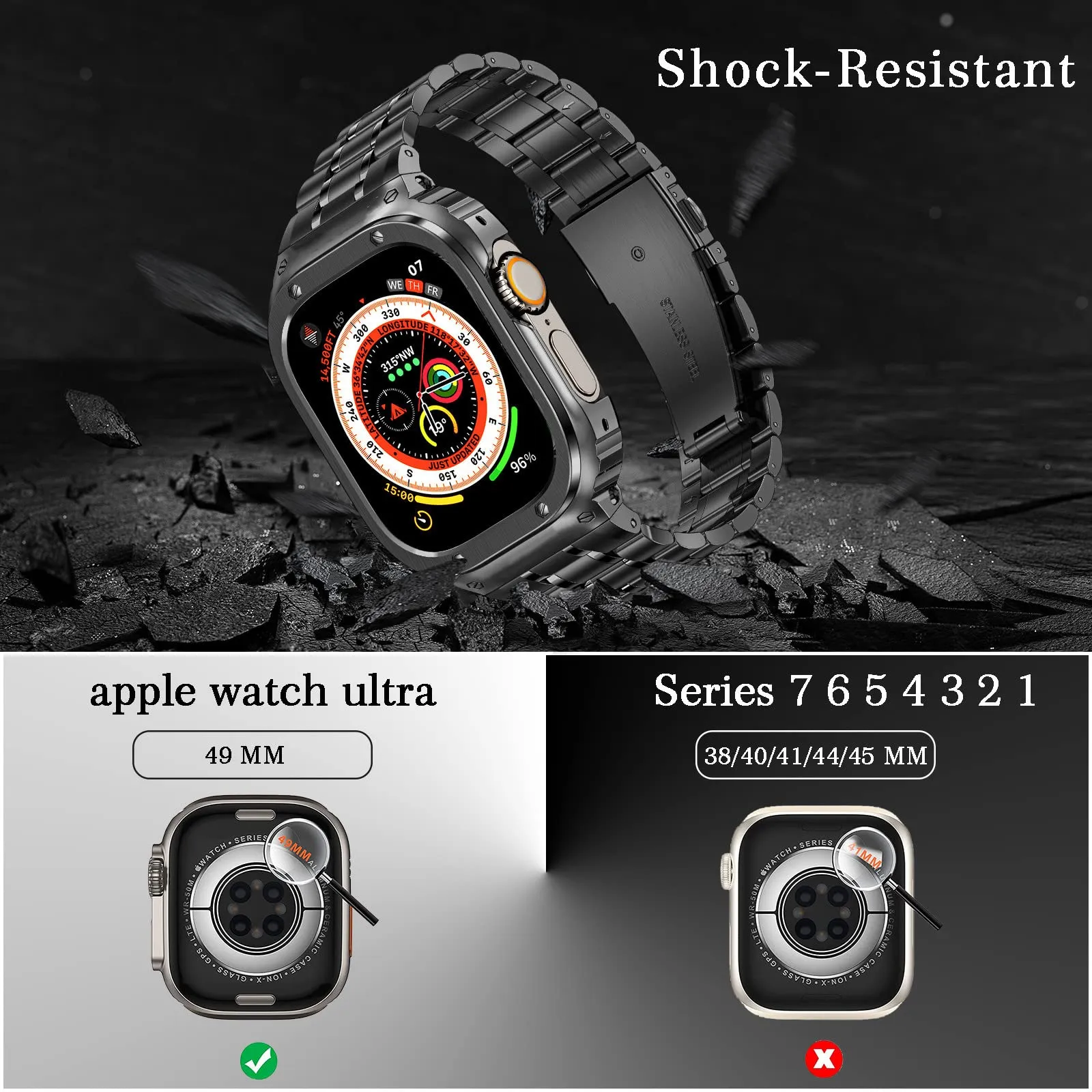 O Ozone - Stainless Steel Watch Band with Case Compatible with Apple Watch Series 9/8/7 (45mm) , Space Grey