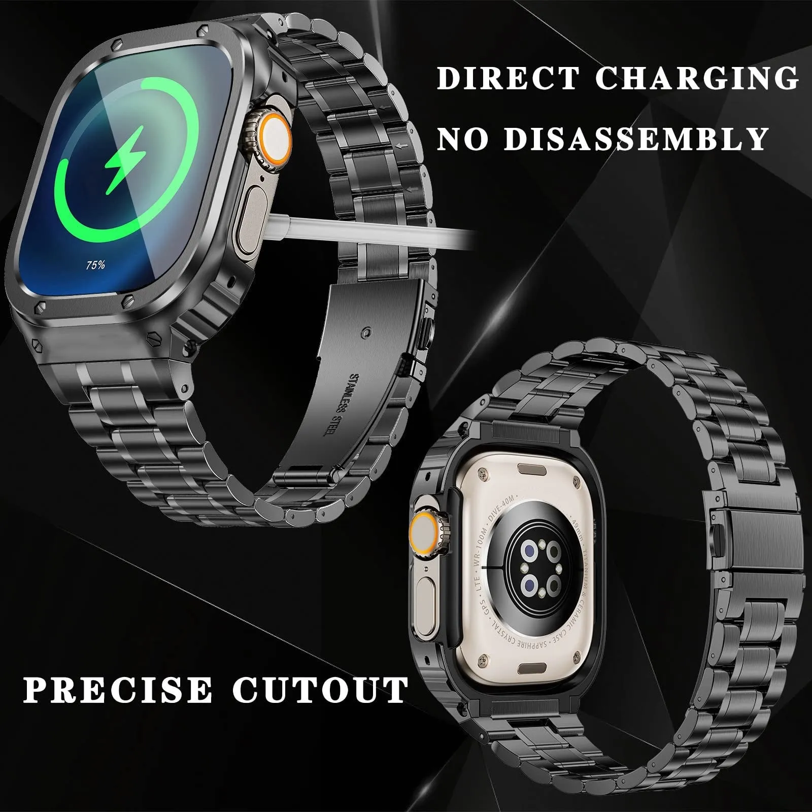 O Ozone - Stainless Steel Watch Band with Case Compatible with Apple Watch Series 9/8/7 (45mm) , Space Grey