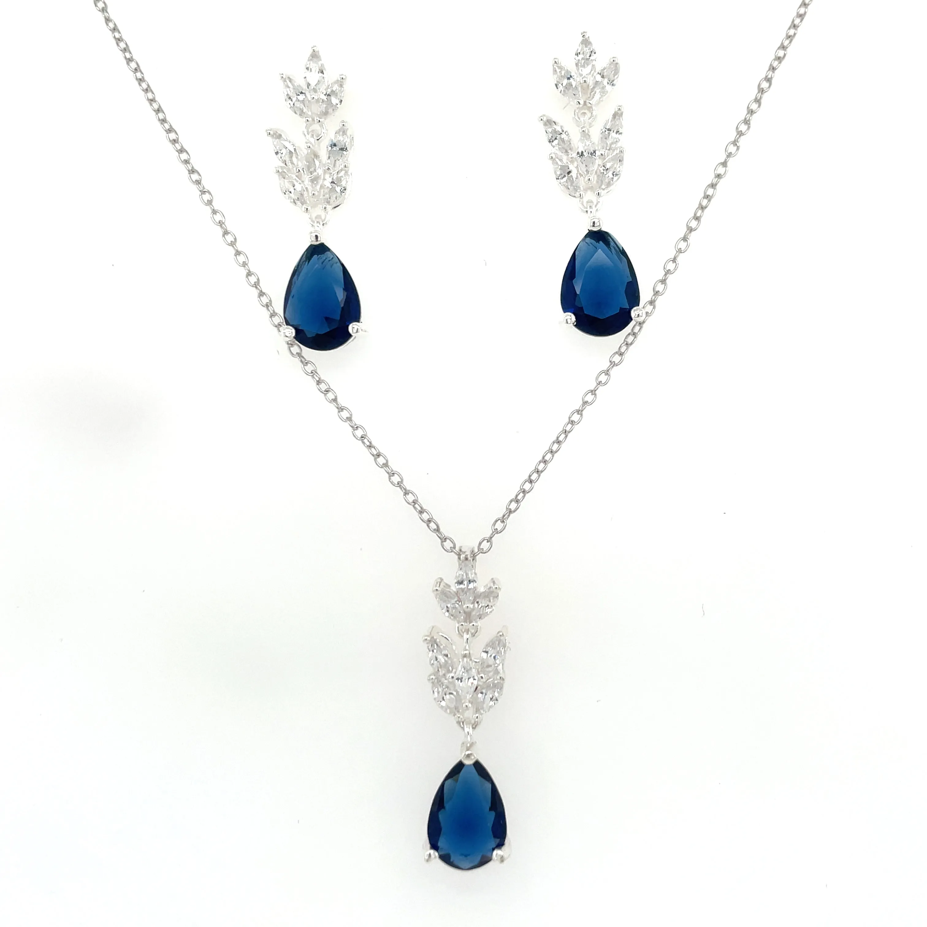 Sterling Silver Sapphire And Cz Earring And Necklace Set