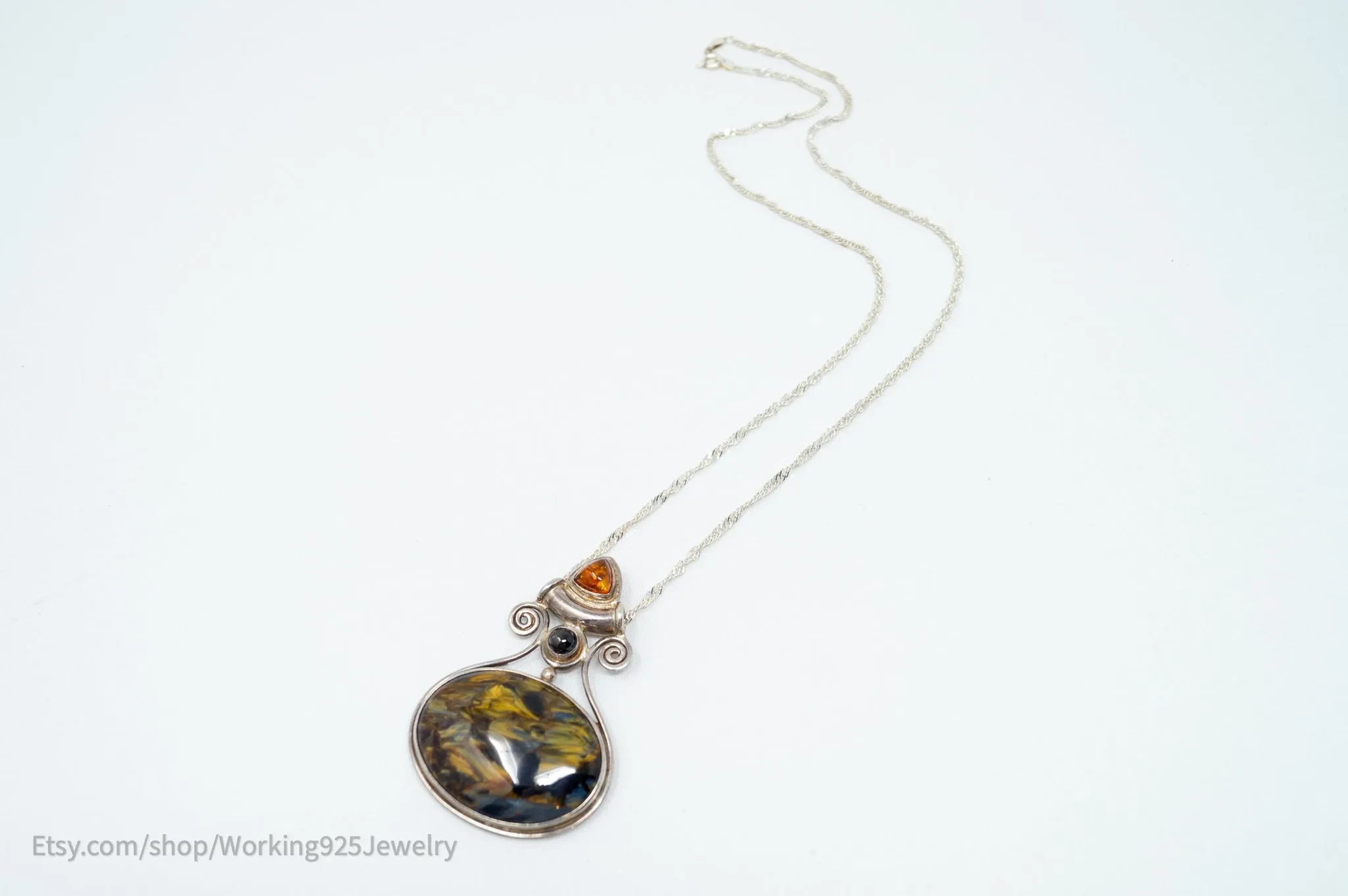 Vintage Designer SAJEN Large Blue Tigers Eye Amber Sterling Necklace