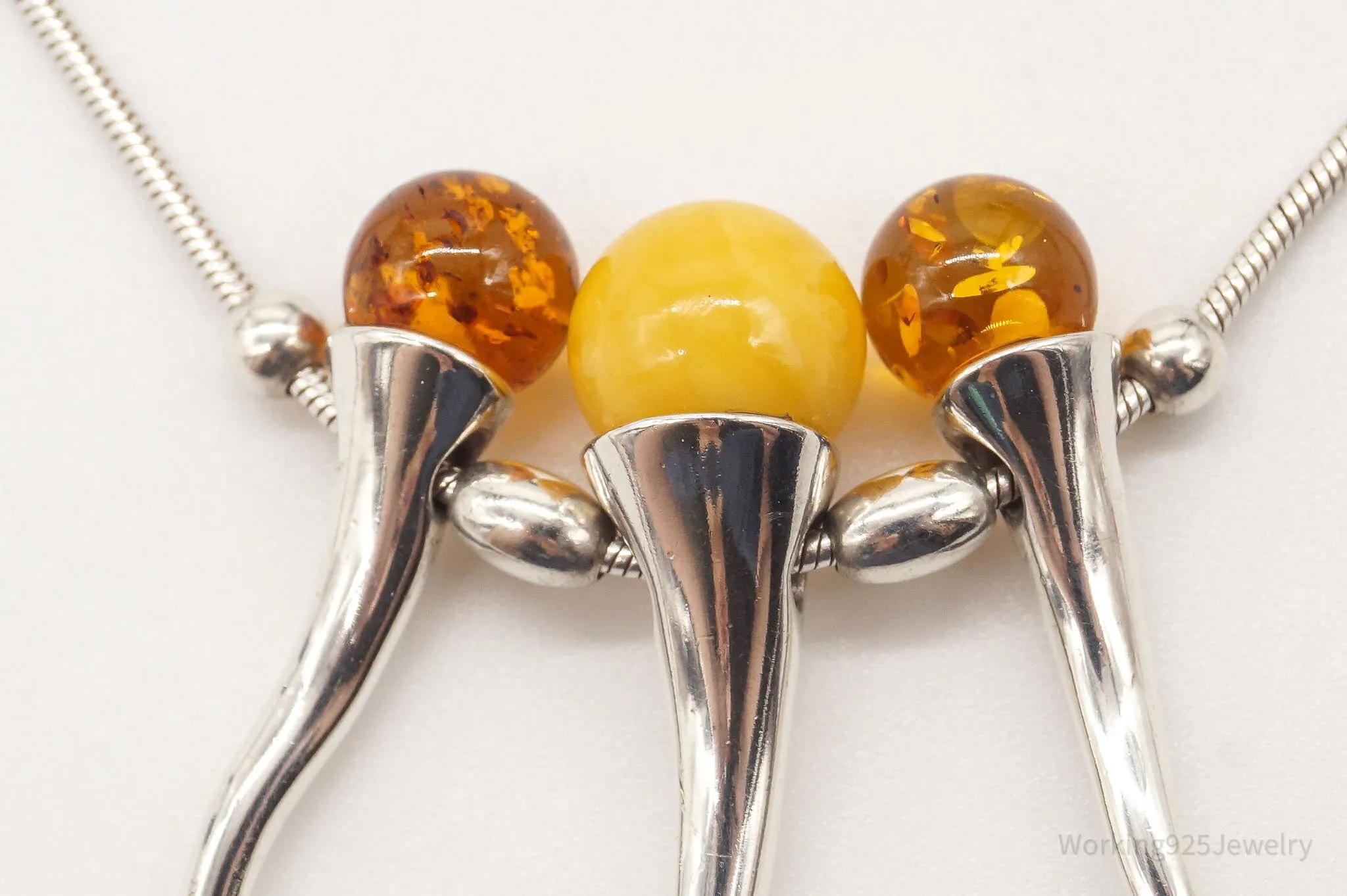 Vintage Gdansk Poland Multi Type Amber Modernist Sterling Silver Necklace