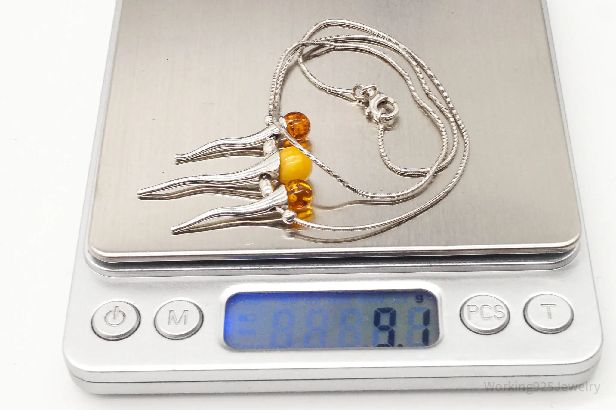 Vintage Gdansk Poland Multi Type Amber Modernist Sterling Silver Necklace