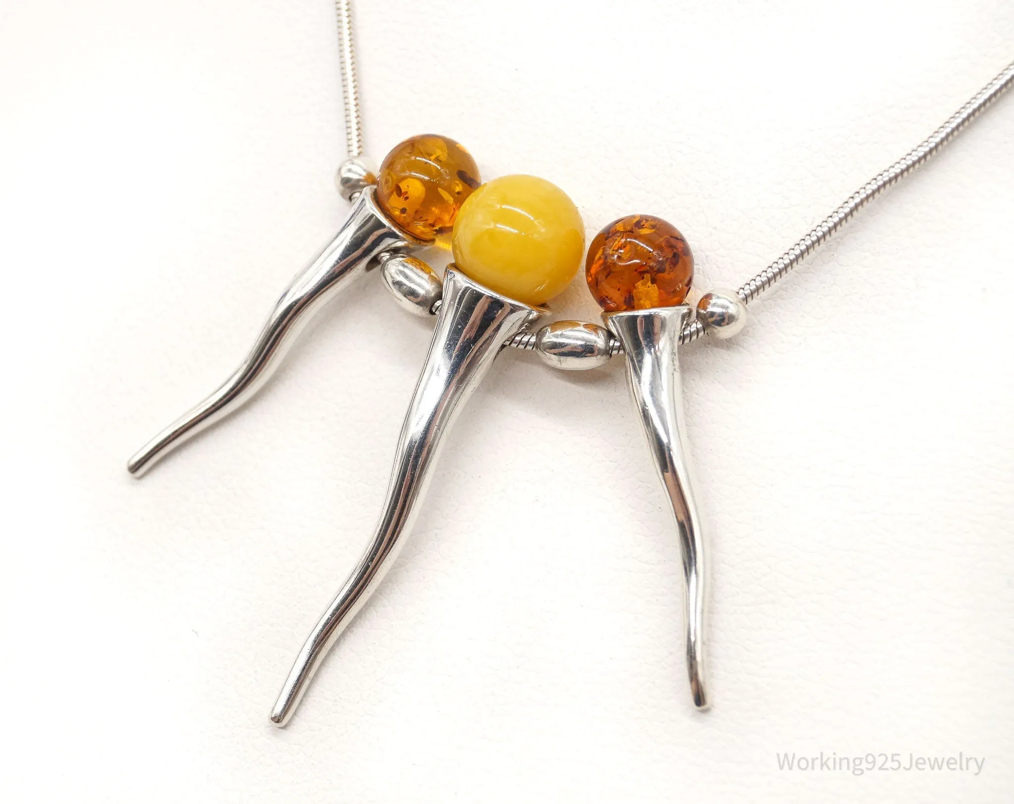 Vintage Gdansk Poland Multi Type Amber Modernist Sterling Silver Necklace