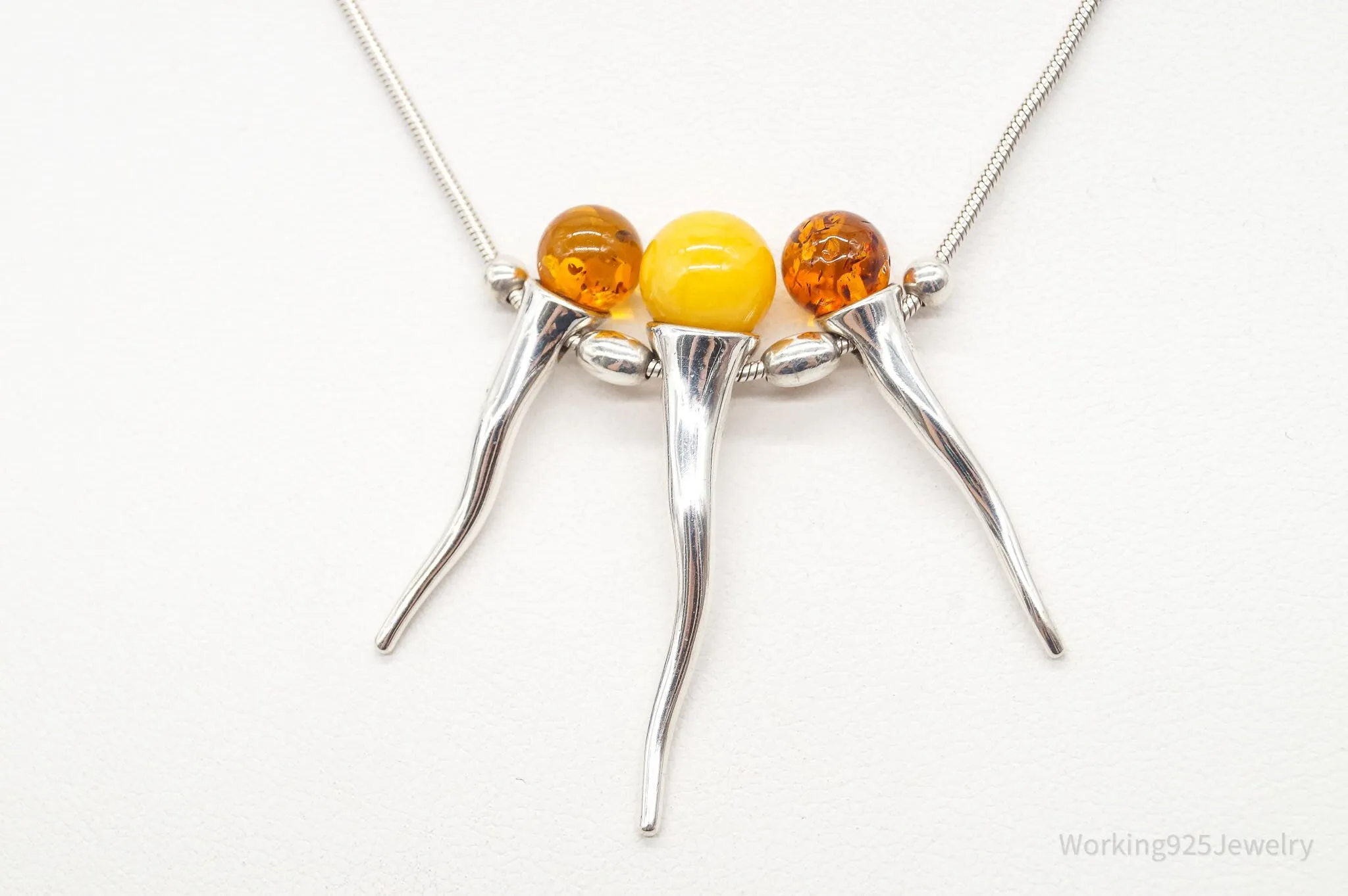 Vintage Gdansk Poland Multi Type Amber Modernist Sterling Silver Necklace