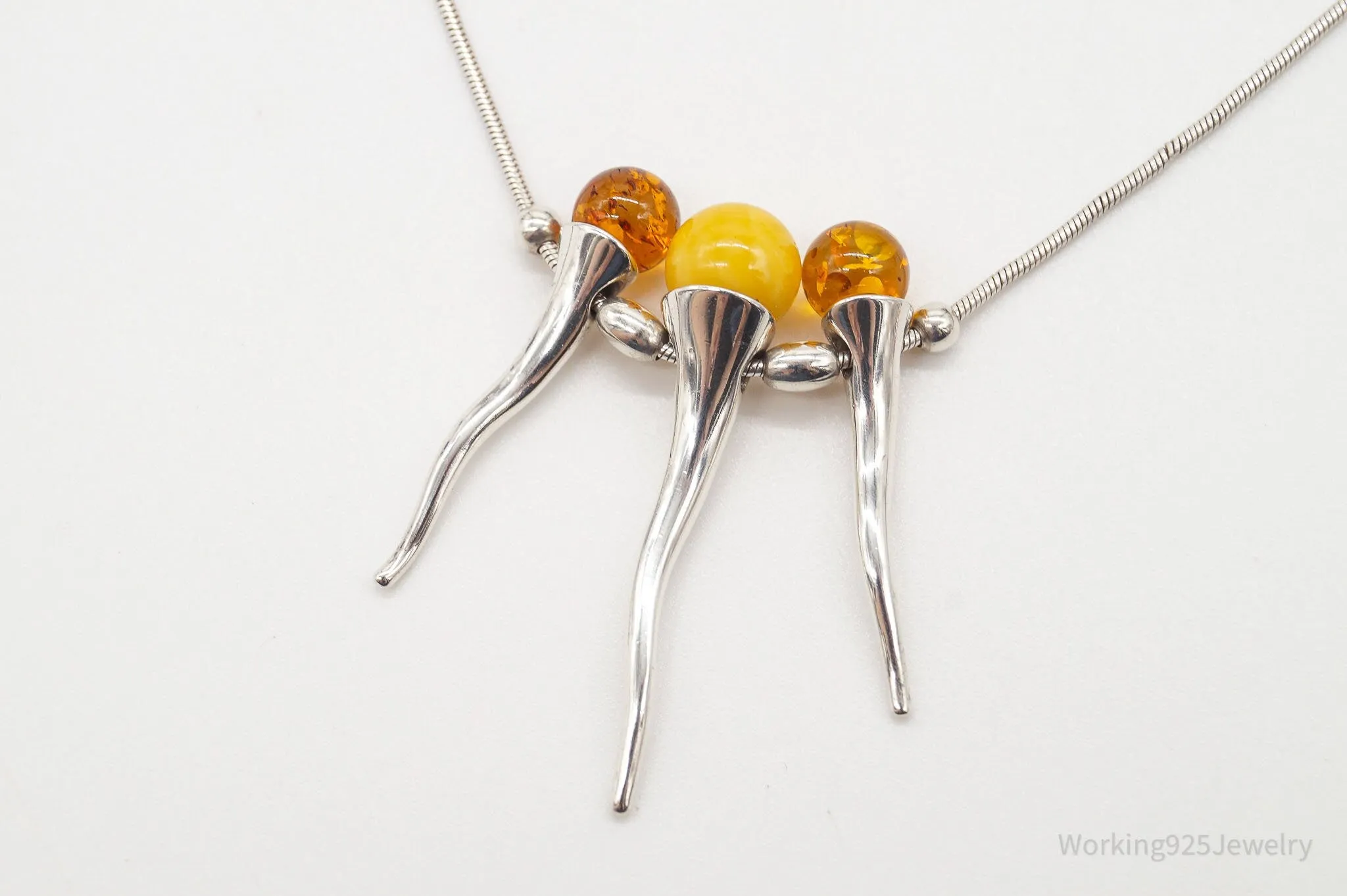 Vintage Gdansk Poland Multi Type Amber Modernist Sterling Silver Necklace