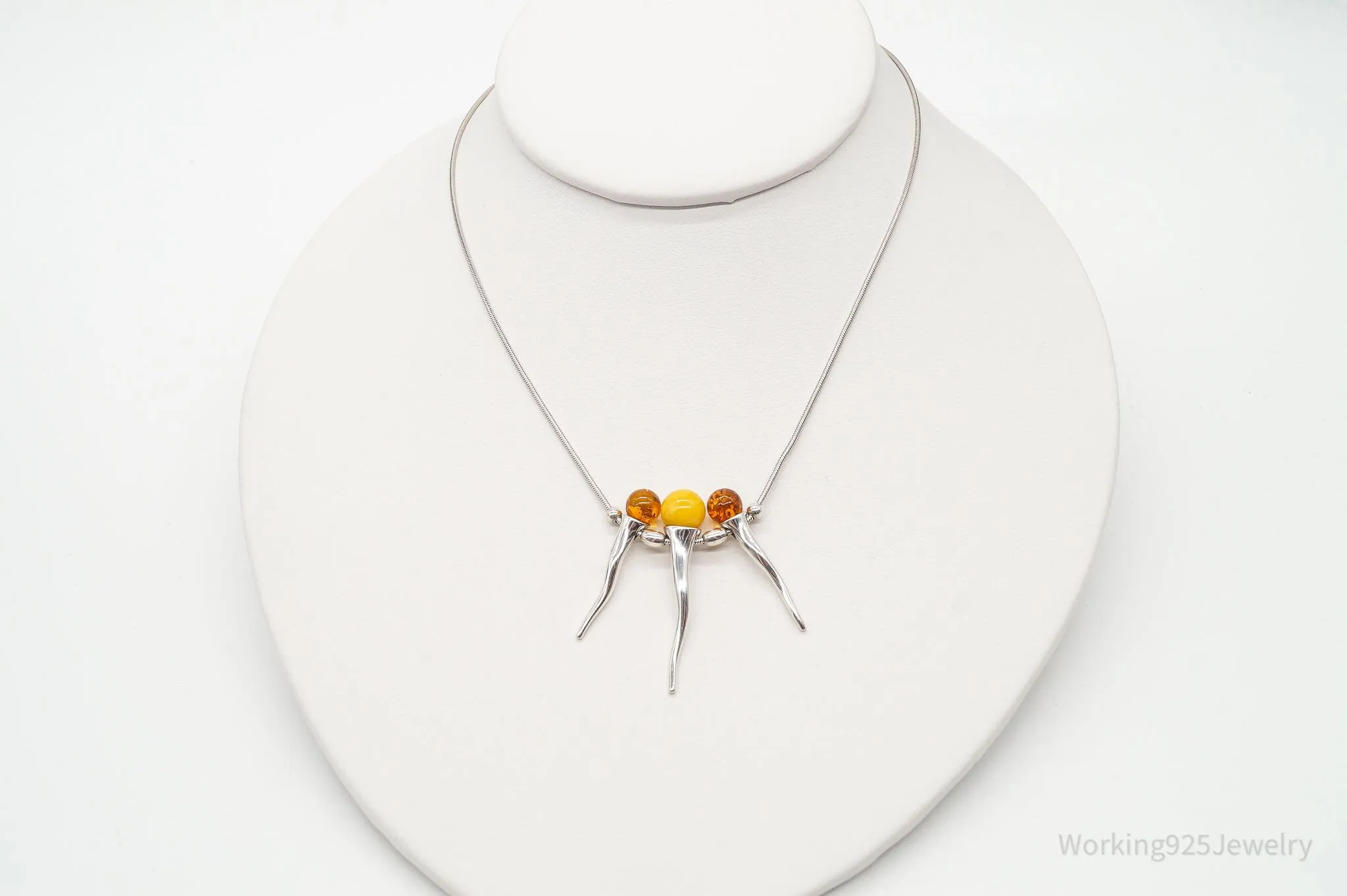 Vintage Gdansk Poland Multi Type Amber Modernist Sterling Silver Necklace
