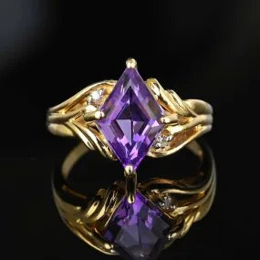 Vintage Gold Diamond Lozenge Cut Amethyst Cocktail Ring