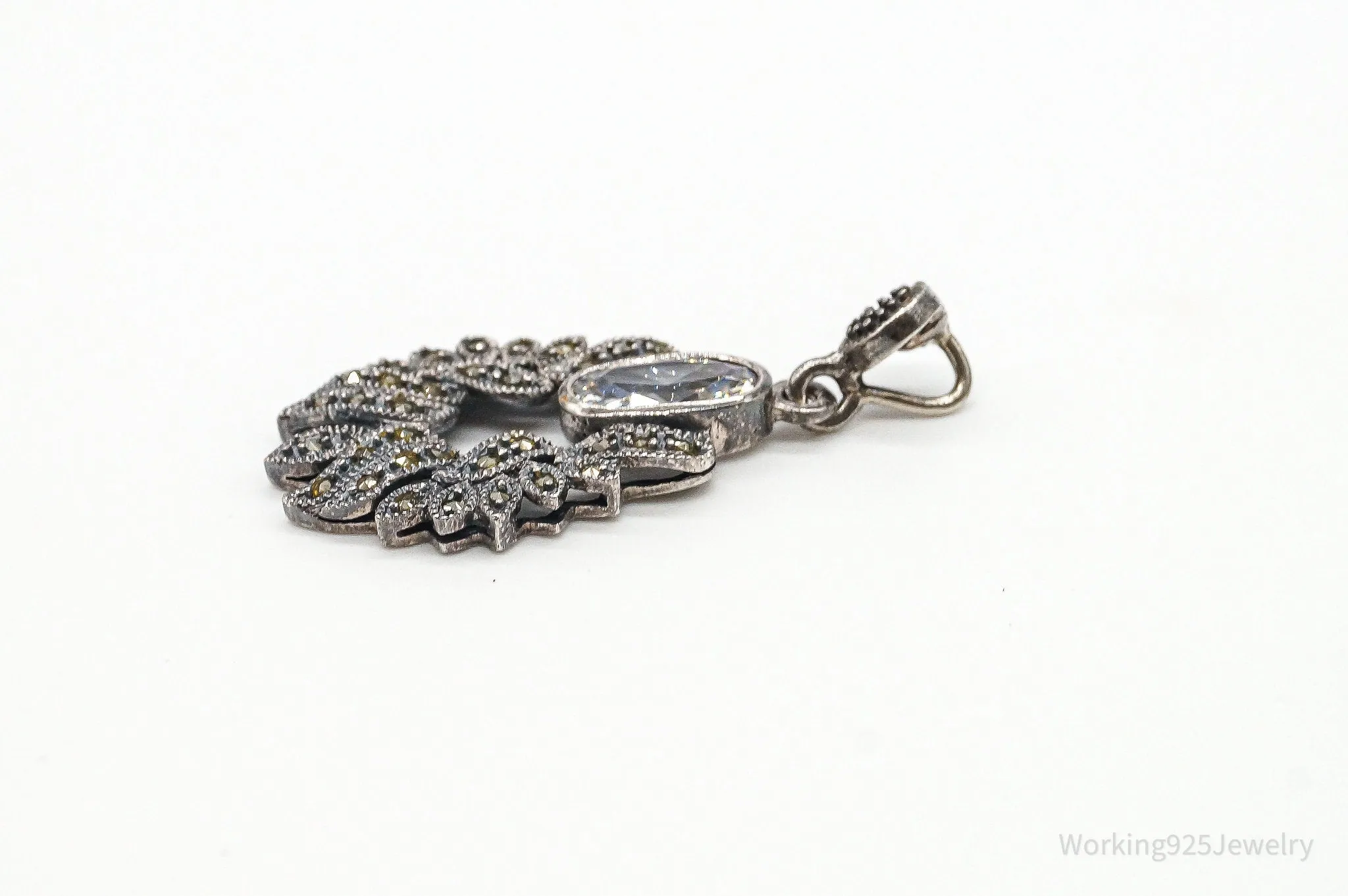 Vintage Marcasite Art Deco Cubic Zirconia Sterling Silver Pendant