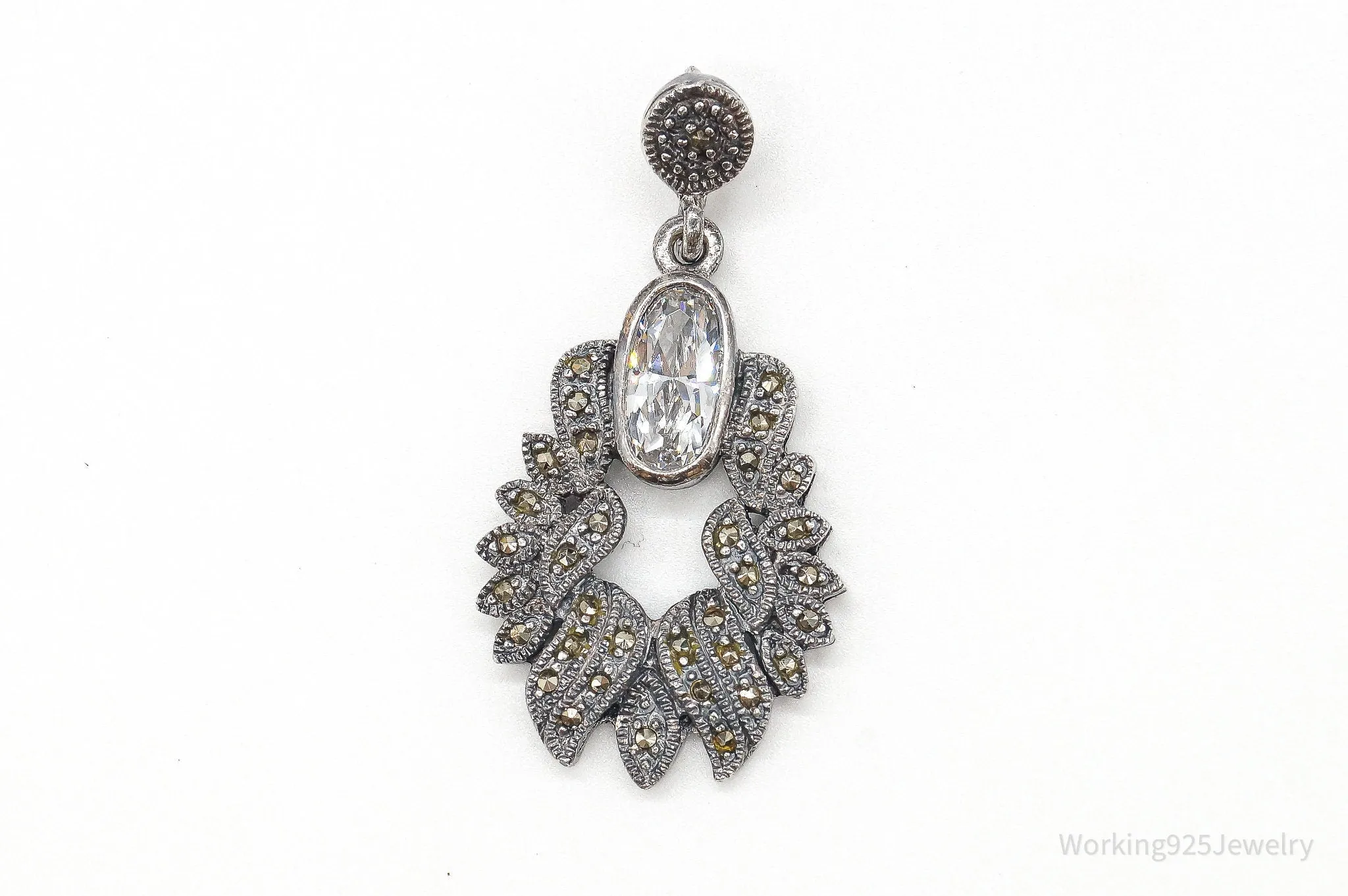Vintage Marcasite Art Deco Cubic Zirconia Sterling Silver Pendant