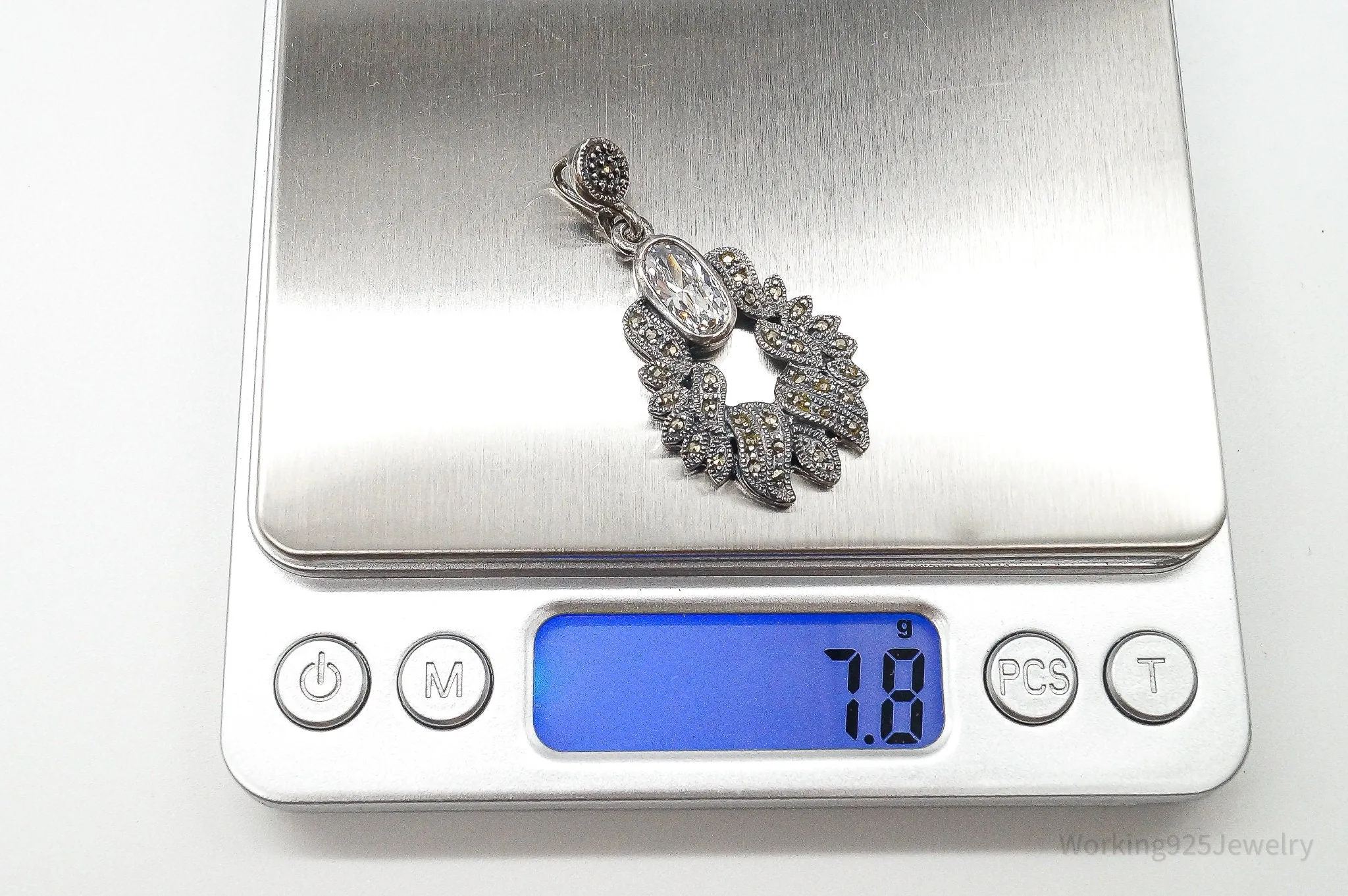Vintage Marcasite Art Deco Cubic Zirconia Sterling Silver Pendant