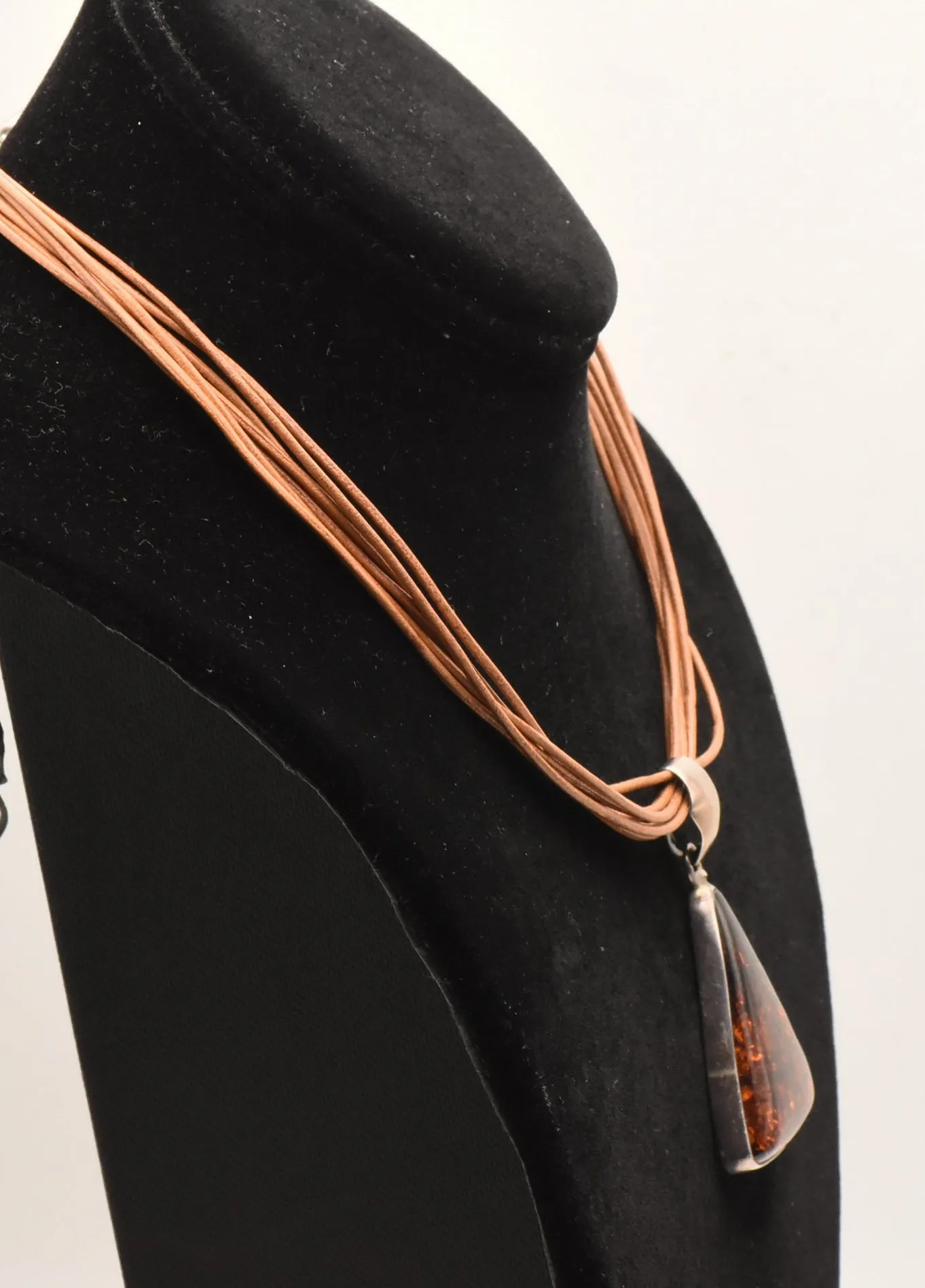 Vintage Triangular Amber Pendant on Multi Cord Necklace - 16"