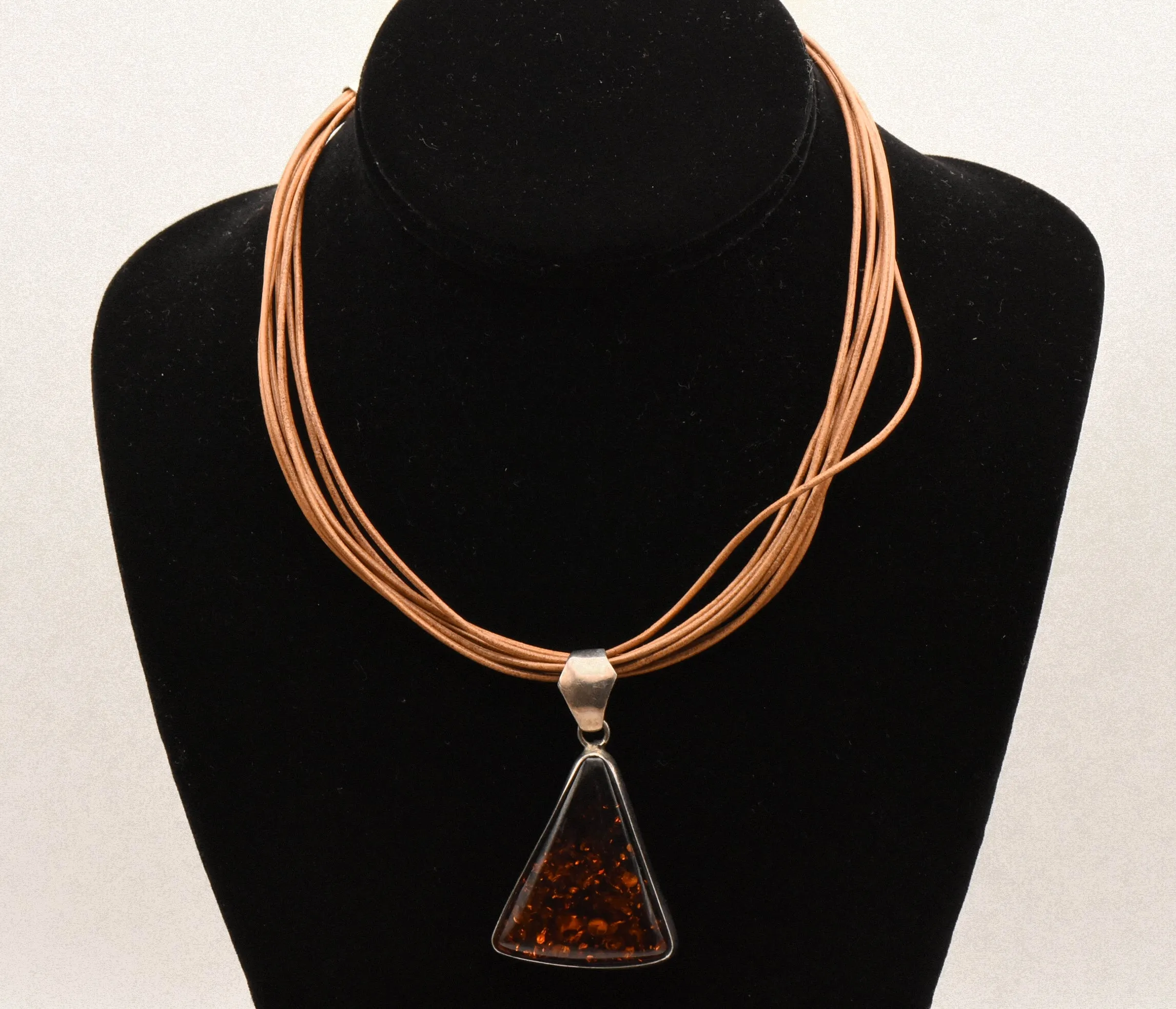 Vintage Triangular Amber Pendant on Multi Cord Necklace - 16"