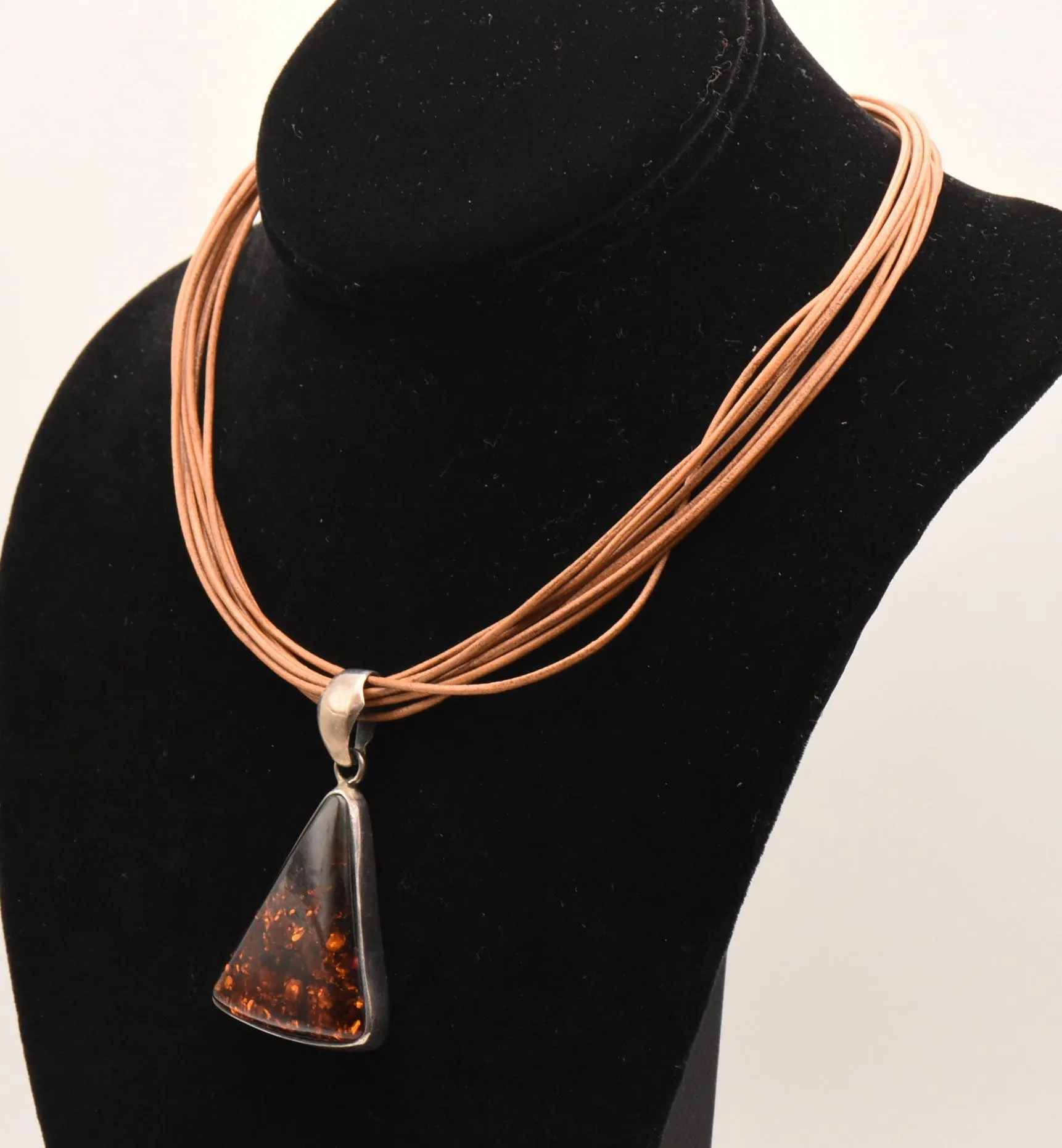 Vintage Triangular Amber Pendant on Multi Cord Necklace - 16"