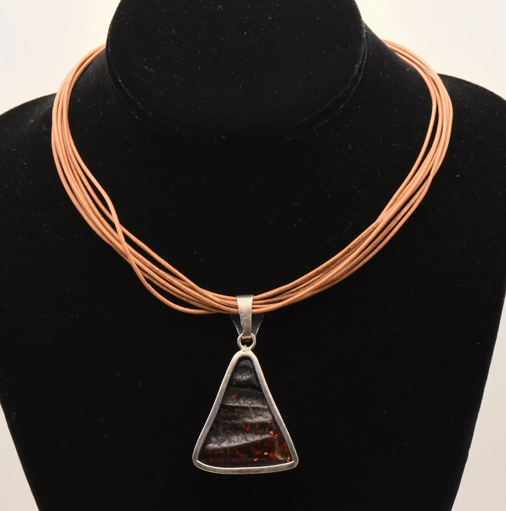 Vintage Triangular Amber Pendant on Multi Cord Necklace - 16"