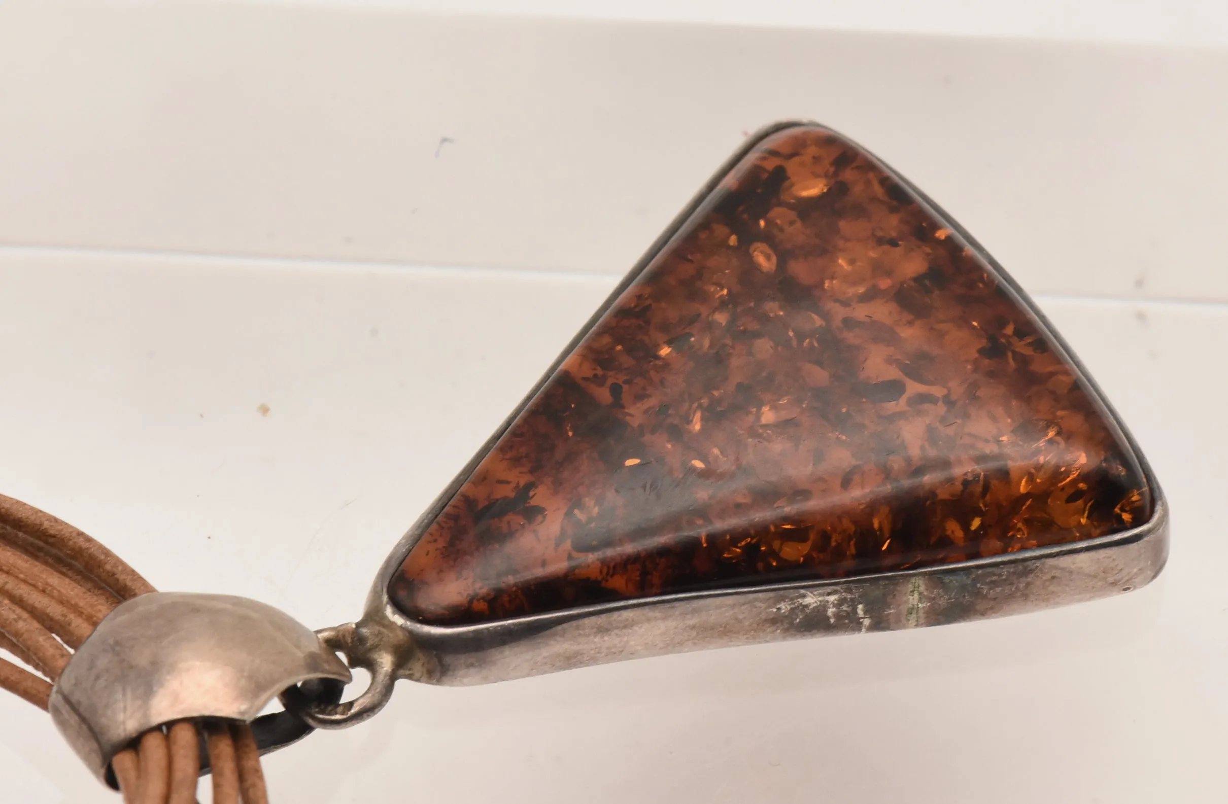 Vintage Triangular Amber Pendant on Multi Cord Necklace - 16"