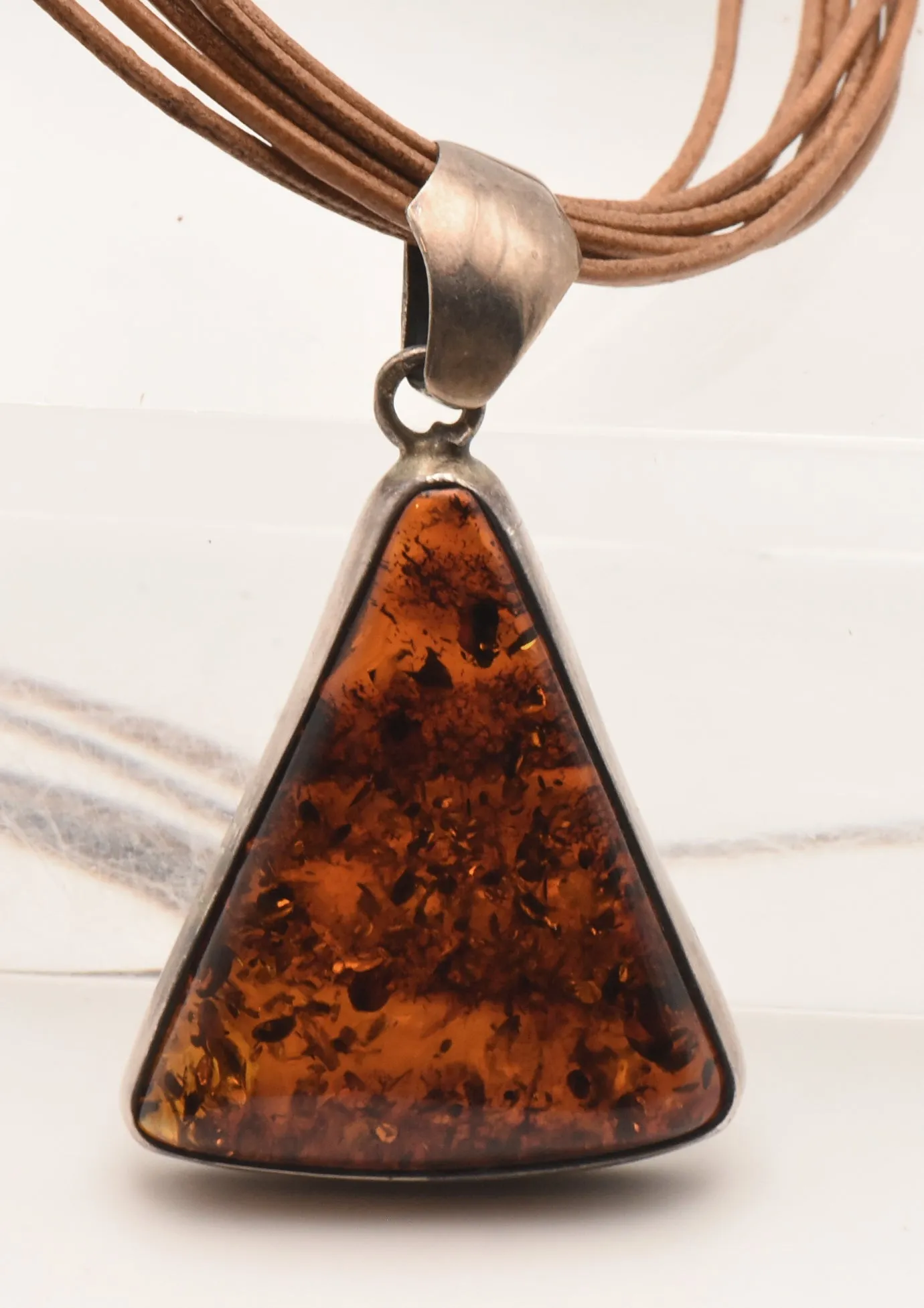 Vintage Triangular Amber Pendant on Multi Cord Necklace - 16"
