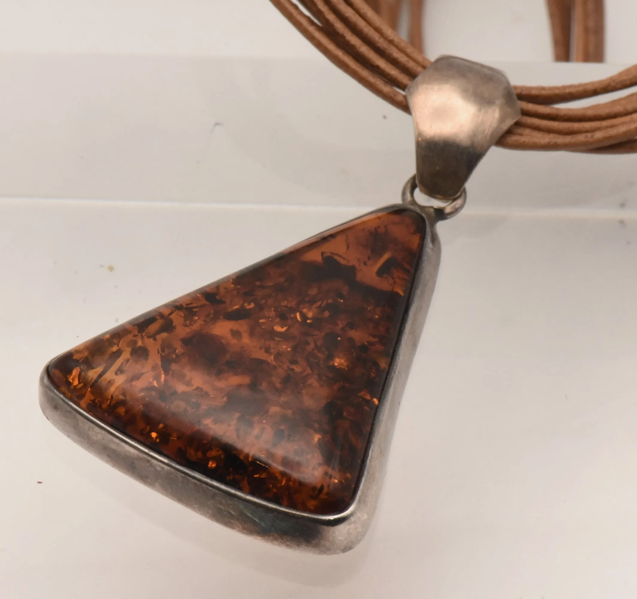 Vintage Triangular Amber Pendant on Multi Cord Necklace - 16"