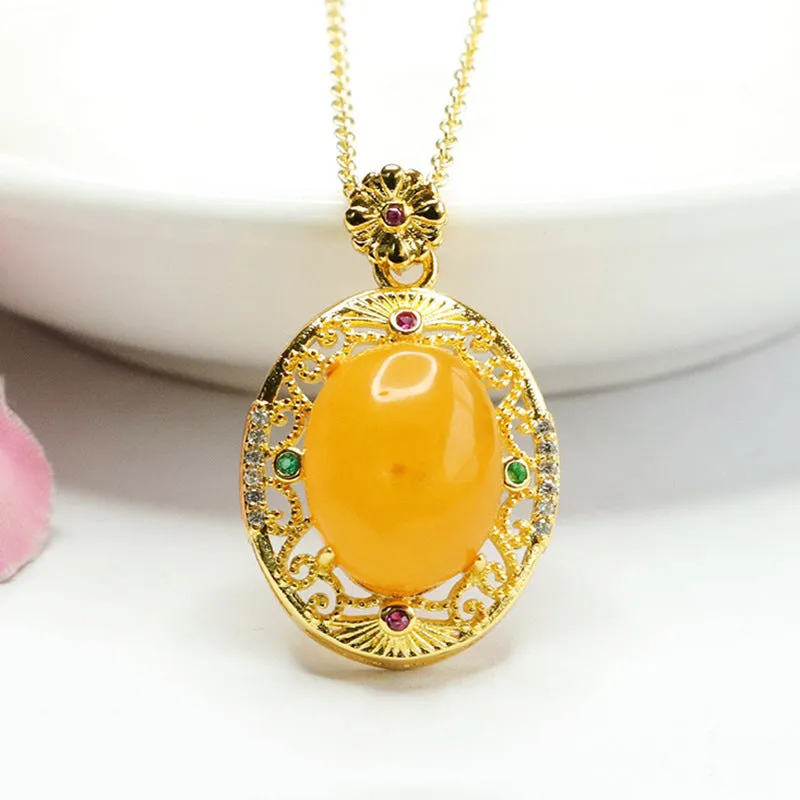 Vintage Zircon Hollow Beeswax Amber Pendant Necklace with Golden Sterling Silver Chain